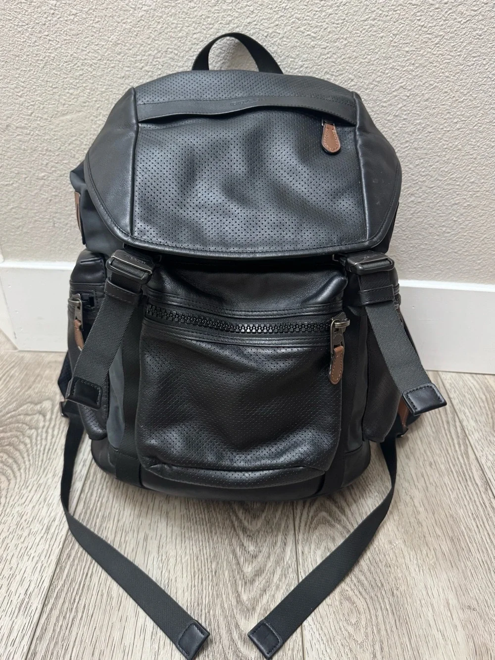 Coach Terrain Trek Backpack Perforated Leather Nylon Bag Black F57477